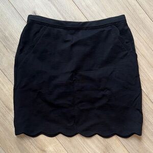 Black Stretchy Waist Lettuce Hem Trim Decor Business Casual Skirt With Pockets